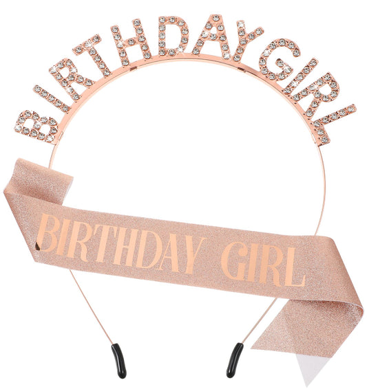 Birthday Girl Sash and Crown, Glitter Happy Birthday Crown for Women, Happy Birthday Headband Girls, Birthday Tiara for Girls, Birthday Princess Sash, Rhinestone Birthday Girl Accessories (Rose Gold)
