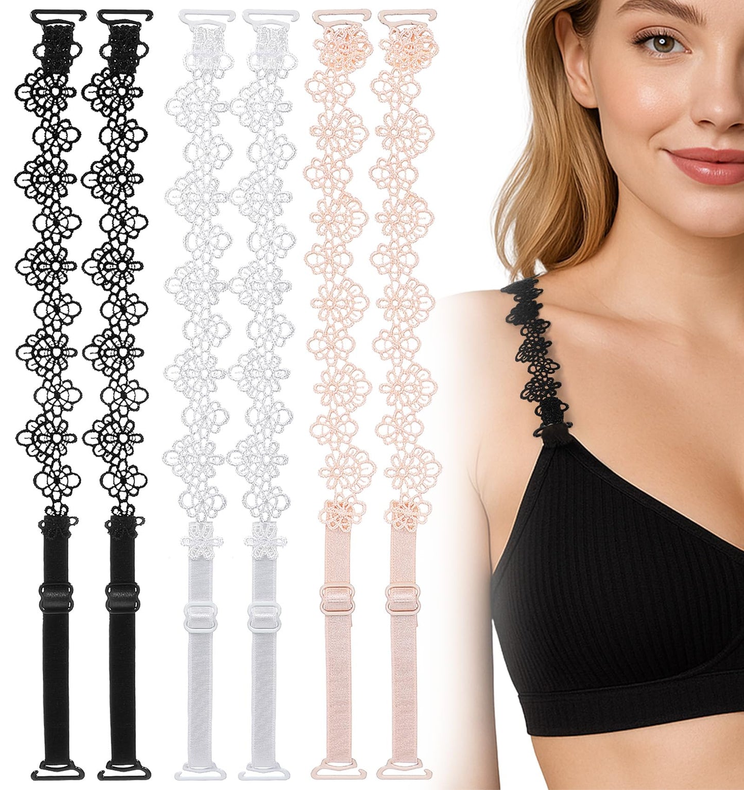 ValueBargain 6 Pairs Decorative Bra Straps, Floral Lace Straps Replacement Set, Non-Slip Lace Adjustable Shoulder Straps for Tops & Dresses