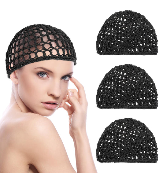 4 Pcs Crochet Hair Net, Comfortable Breathable Mesh Hair Wrap, Reusable Elastic Mesh Hair Net Crochet Cap with Hair Net for Sleeping, Ballet, Shower Bath, Makeup, Hold Hair in Place All Night, Black