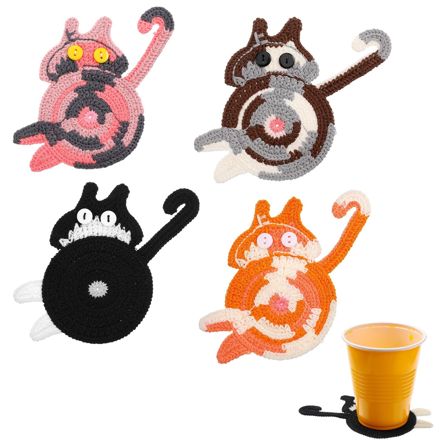 Elegaperma 4 Pcs Cat Crafts Coaster, Fun Woven Creative Cute Coaster, Cute Coffee Coasters for Home Decor Tabletop Protection
