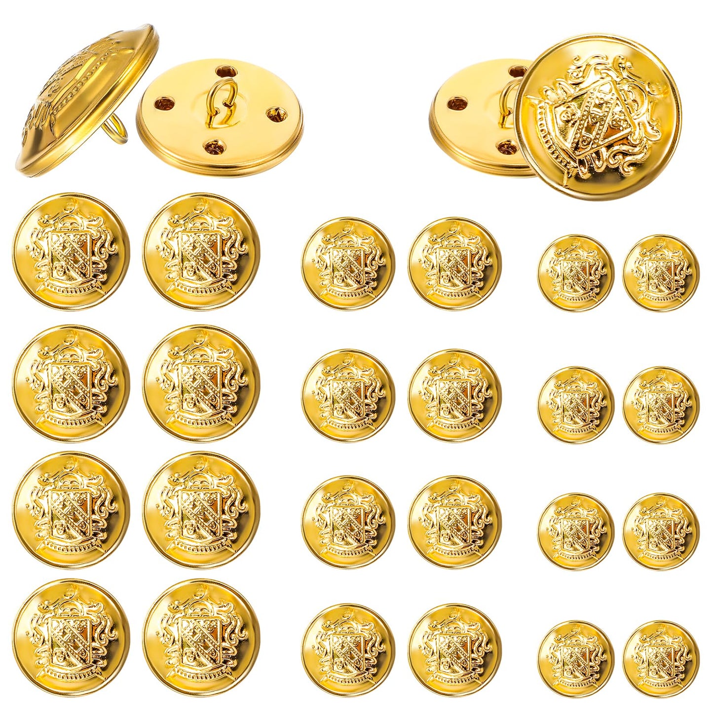 24 Pcs Gold Buttons for Blazer, Gold Buttons for Clothes, Brass Buttons. Large Gold Buttons, Coat Buttons for Women and Men, Suits, Clothes, Jacket, Uniform, (18mm, 20mm, 25mm)
