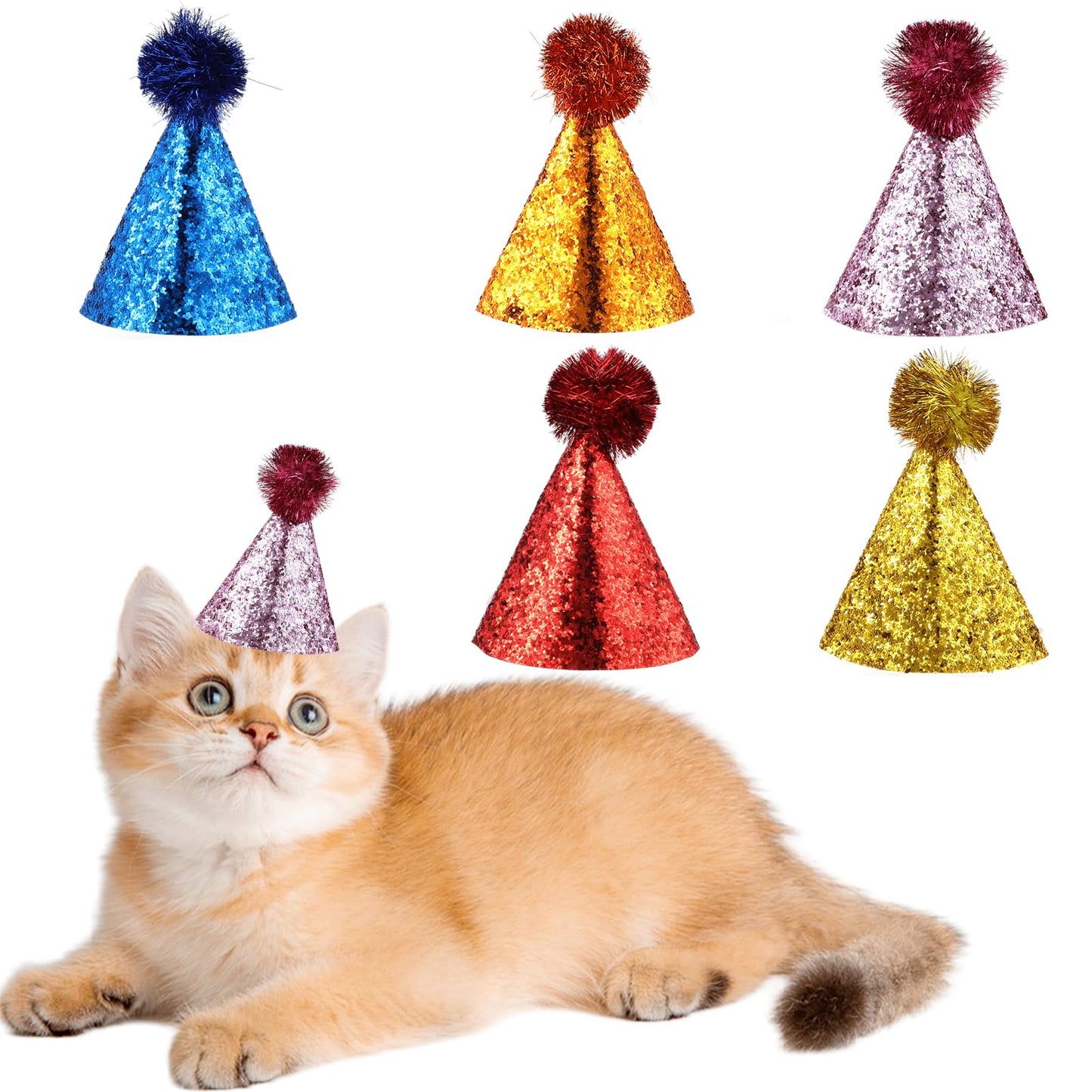 Oruola 5pcs Stuffed Animals Party Hats,Dog Party Hat,Mini Party Hats for Stuffed Animals with Sequins,Glitter Mini Party Hats with Adjustable Elastic Hat Cord for Holiday Party Birthday Wedding