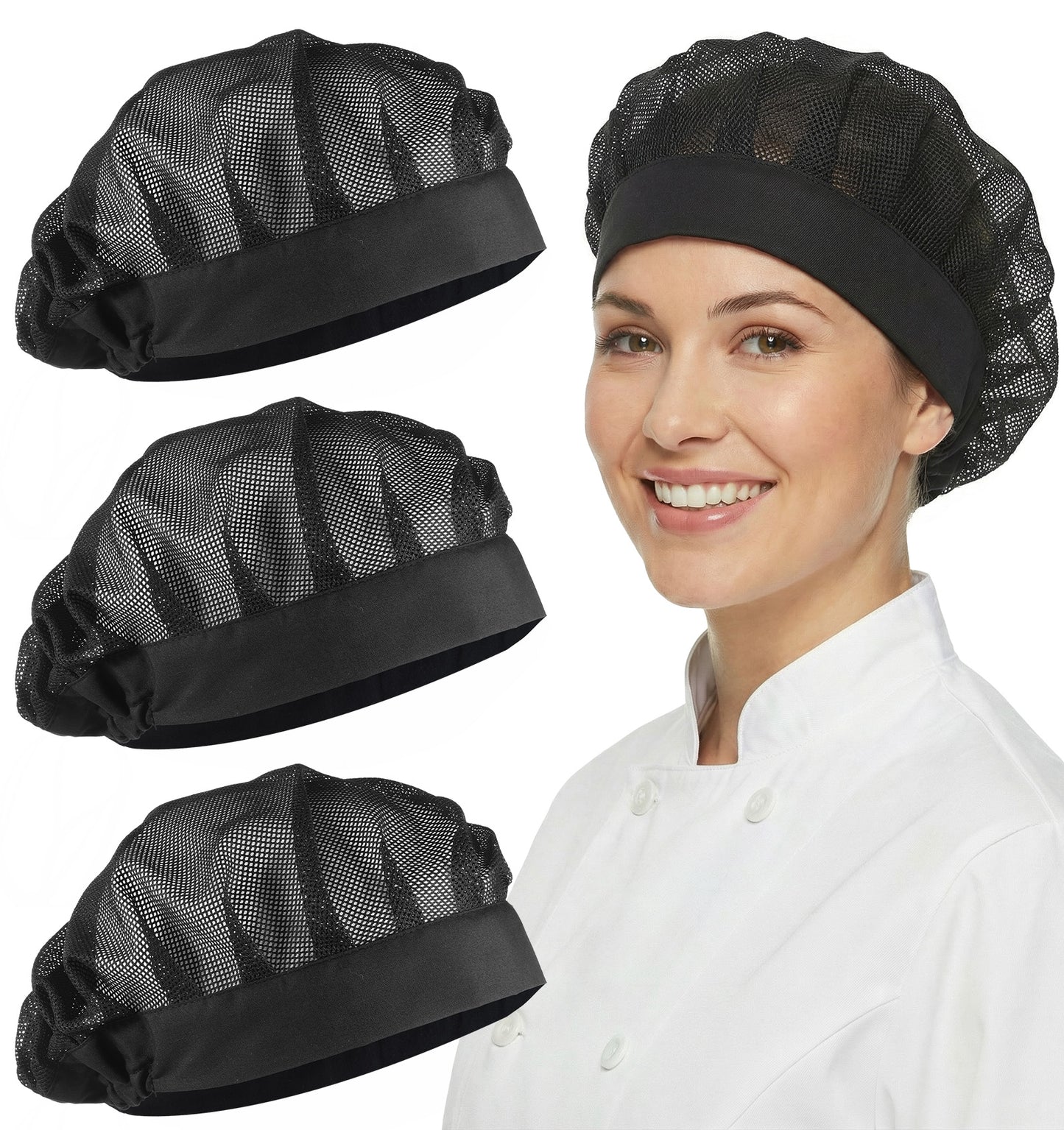 FRCTLNKG 3 Pcs Chef Hat Women, Elastic Hair Nets for Kitchen & Catering, Cotton Polyester Cooking Cap (Black, 38 x 30 cm)
