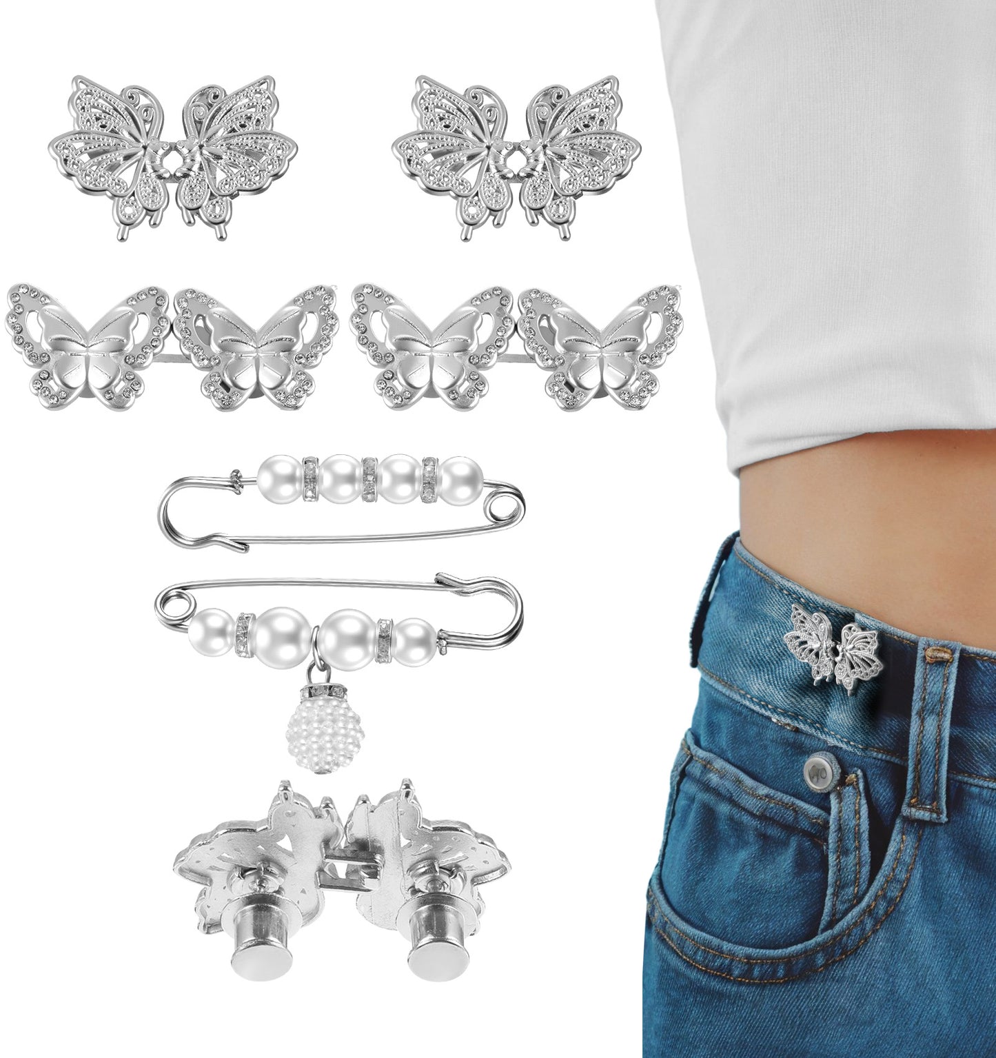 6 Set Trouser Clips, Waist Adjuster Clips for Loose Jeans, No Sew Waist Cincher Clip for Pants, Skirts & Dresses, Reusable & Detachable