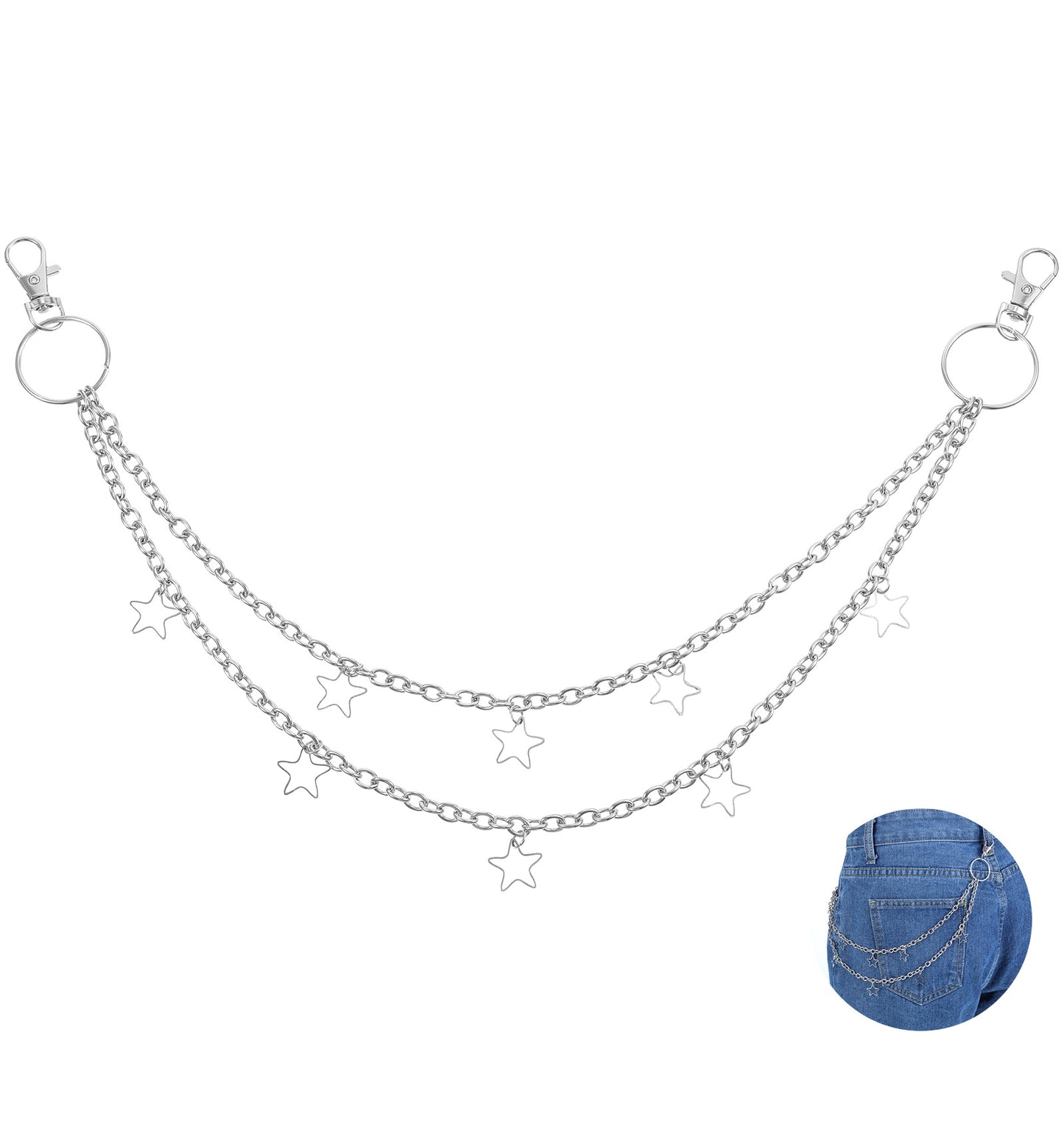 Jeans Chain, 35 cm Inch Belt Chain with Layered Belt Chains Design for Women, Men, Jeans, Pocket, Rock Wallet, Bag, (Silver)