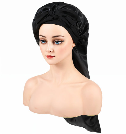 Reusable Long Bonnet with Tie for Curly, Straight, Long Hair, Braids, Women, (Black)