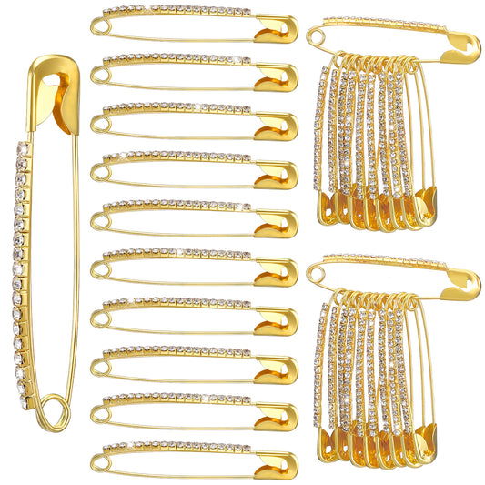 Classicseali 30pcs Gold Safety Pins Large, Rhinestone Safety Pin, 2.16Inch Pin for Clothes Dress Pants Skirt Crafts Dressing Accessories, Saree Pins for Indian Sarees