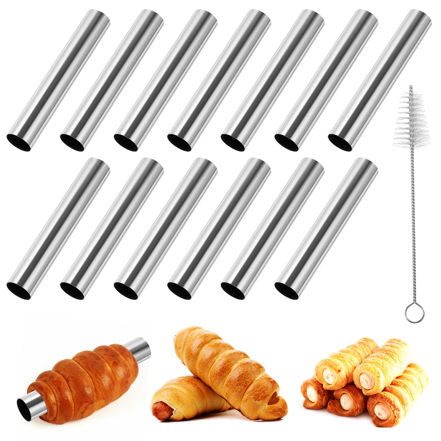 guduling 12 Pcs Cannoli Tube,Non Stick Cannoli Moulds,Stainless Steel Screw Croissant Mold with Cleaning Tube Brush,for Baking Danish Pastry Pancake Crisps