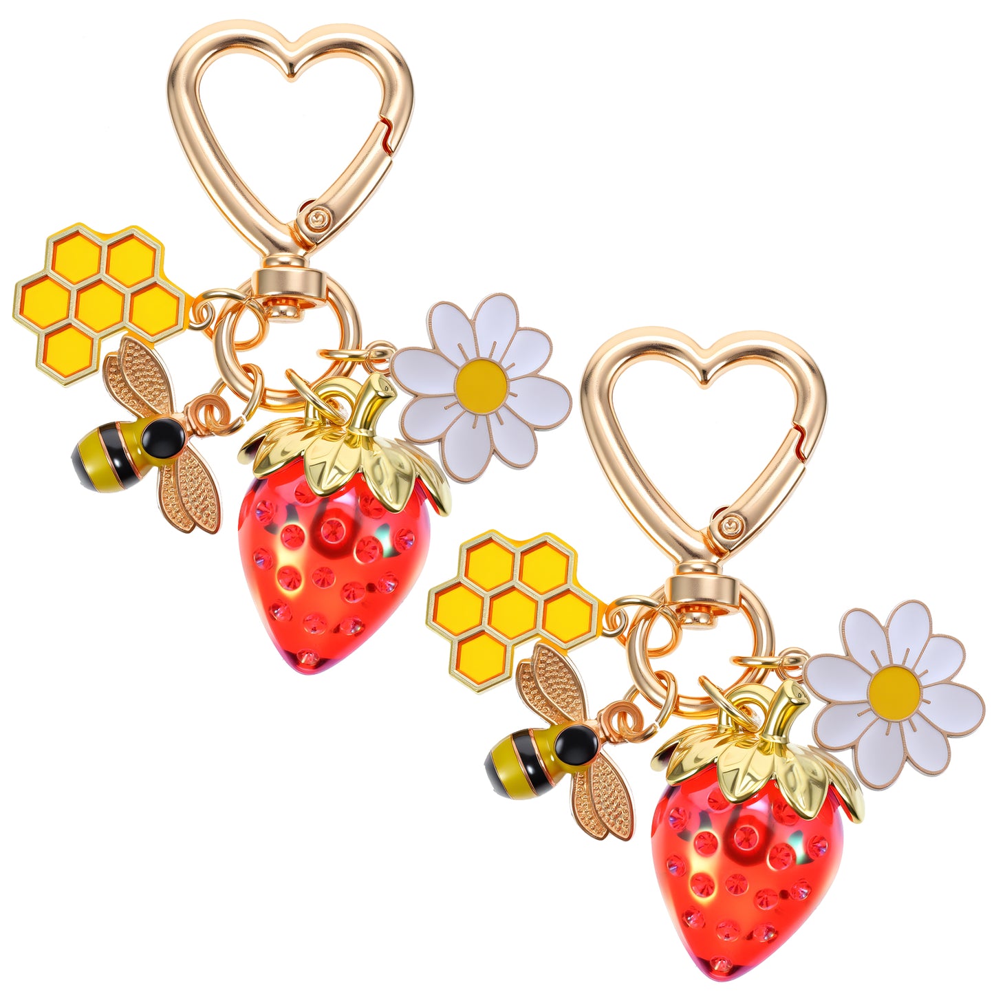 Classicseali 2pcs Strawberry Keychain Charm, Cute Bag Charms & Purse Charms for Women, Strawberry Bag Charm with Daisy & Bee Accents - Perfect Strawberry Keychains for Handbags, Backpacks