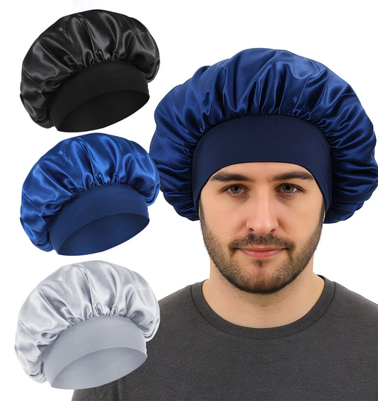 ValueBargain 3Pcs Silk Bonnet Men, Bonnets for Men Double Layer Satin Sleep Cap with Soft Elastic Band for Curly Hair & Braids, Reversible Design