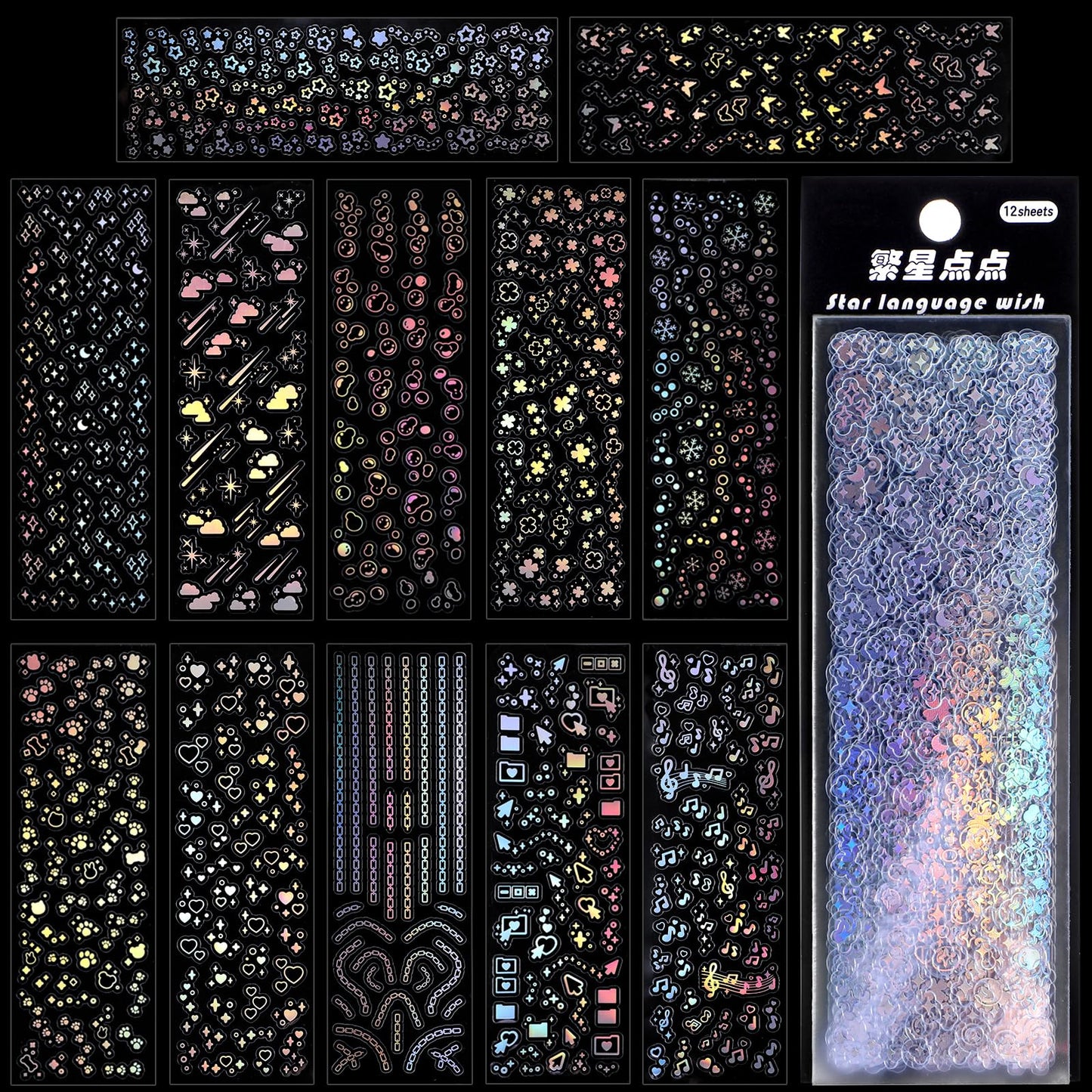 Oruola 24 Sheets Holographic Kpop Deco Stickers for Photocards,Self Adhesive Laser Korean Stickers Holographic Clear Glitter Stickers Mini Stickers Chain Butterfly Star Bubbles Decals Bling Sticker