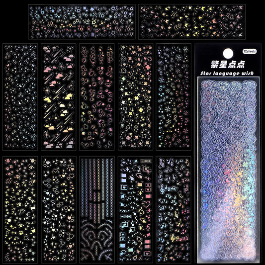 Oruola 24 Sheets Holographic Kpop Deco Stickers for Photocards,Self Adhesive Laser Korean Stickers Holographic Clear Glitter Stickers Mini Stickers Chain Butterfly Star Bubbles Decals Bling Sticker