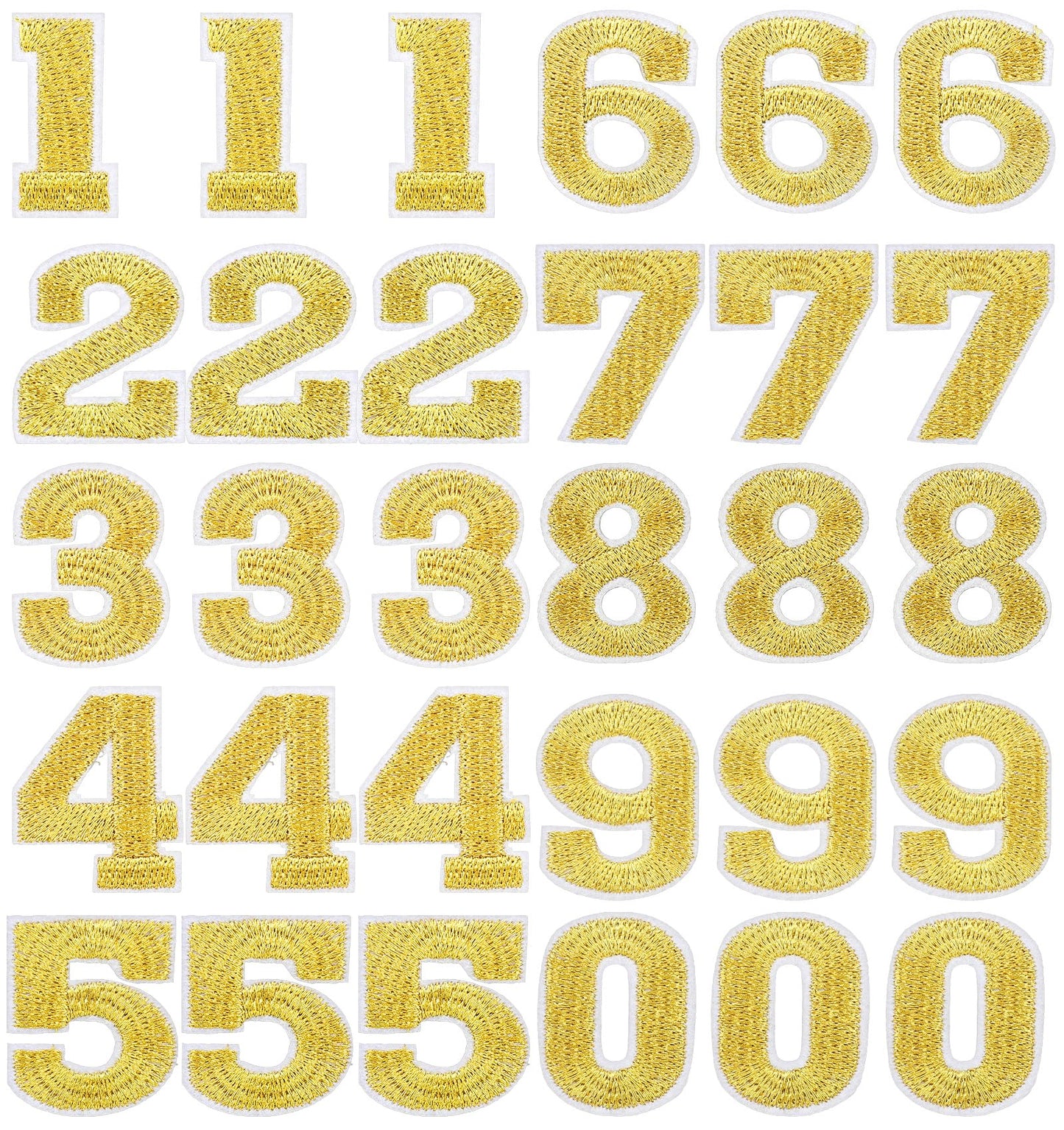 30 Pack 3.1 cm Iron on Number Patches 0-9 for DIY Clothing, Shirts, Hats, Bags, (Gold)