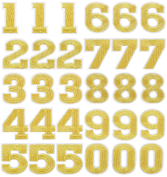 30 Pack 3.1 cm Iron on Number Patches 0-9 for DIY Clothing, Shirts, Hats, Bags, (Gold)