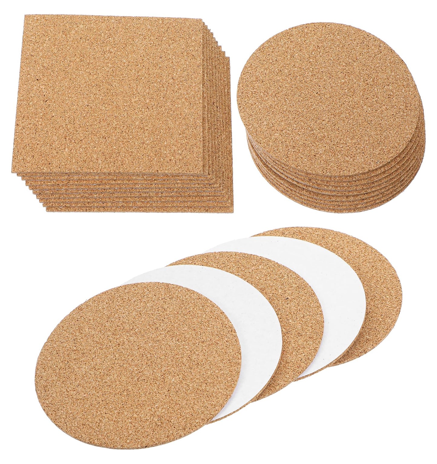 20 Pcs Cork Coasters Set, 10 Round & 10 Square Self-Adhesive Mats, 10cm x 2mm Thick for Drinks, Mugs & Glasses