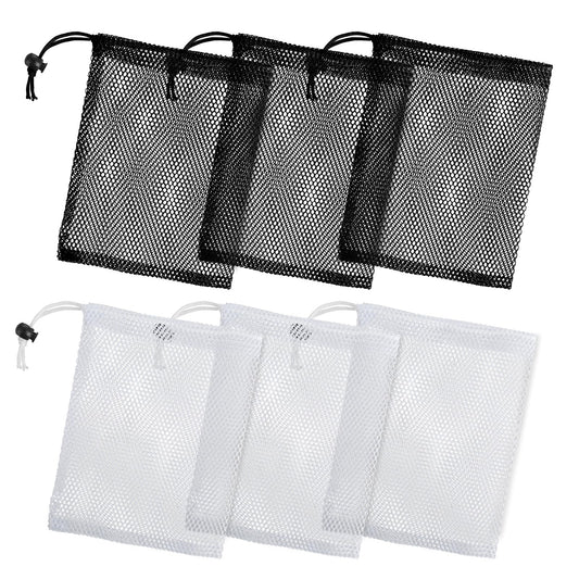 Oruola 6pcs Small Mesh Drawstring Bags,Storage Mesh Bags with Cord Lock,Small Mesh Bags for Travel and Organizing,Nylon Mesh Bags with Drawstrings for Little Toys and Candy,20*15CM (3 Black 3 White)