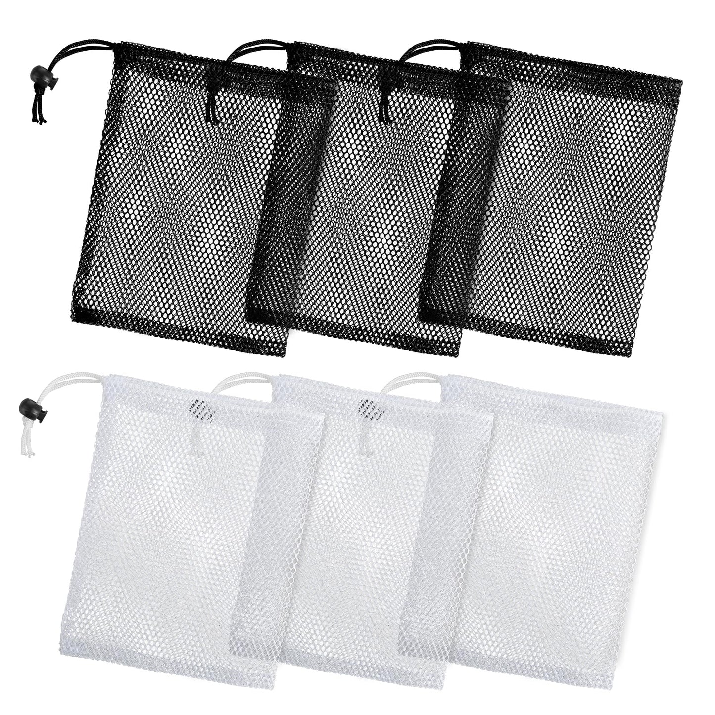 Oruola 6pcs Mesh Drawstring Bags,Storage Mesh Bags with Cord Lock,Mesh Laundry Bag,Durable Nylon Mesh Bag Set for Travel Gym Beach Toy Ball Camping Clothes Organizing,30 X 38 CM(3 Black 3 White)