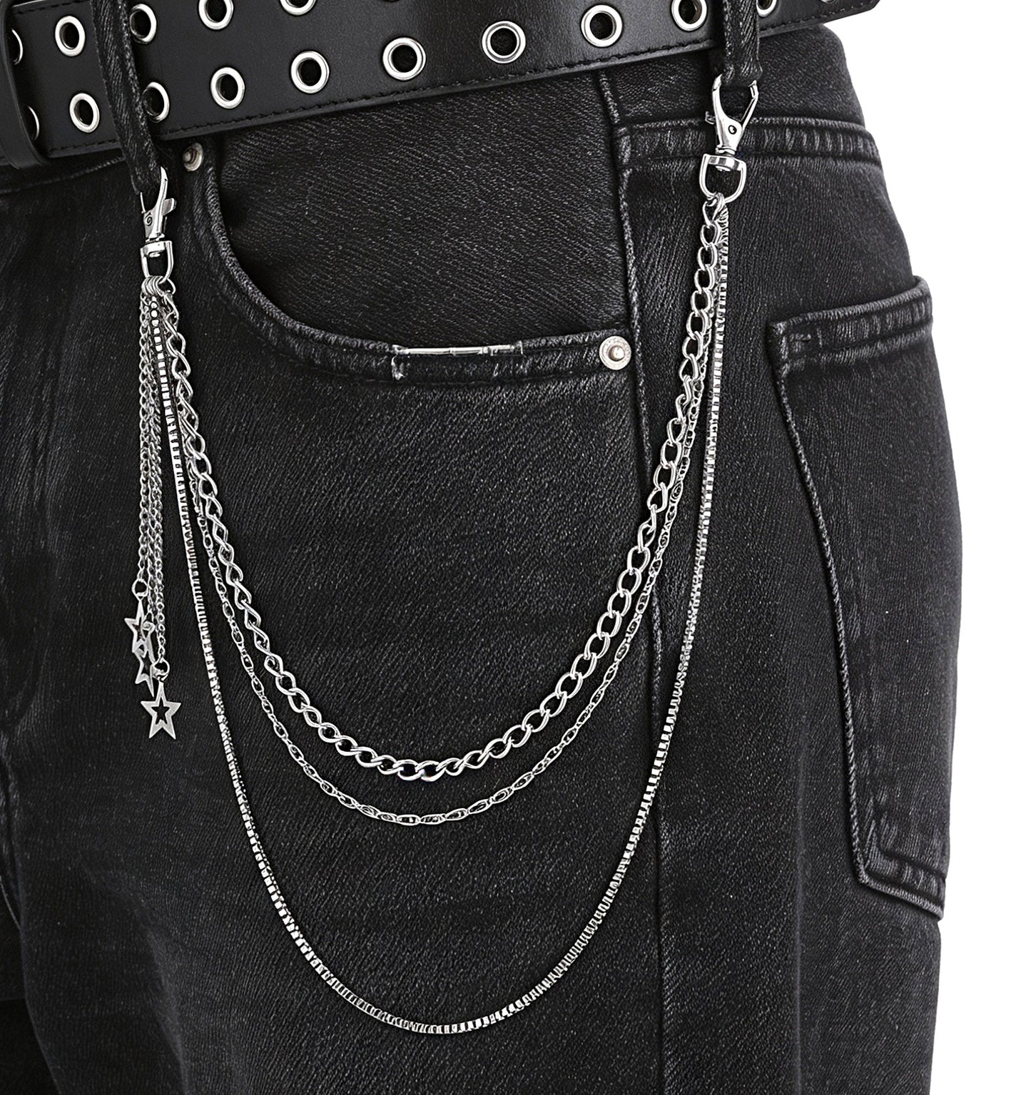 Belt Chain, Y2K Star Jeans Chain Accessories Star Layered Jean Belt Chains for Women Men, Rock Roll & Y2K Style, Perfect for Pants & Wallets, Silver