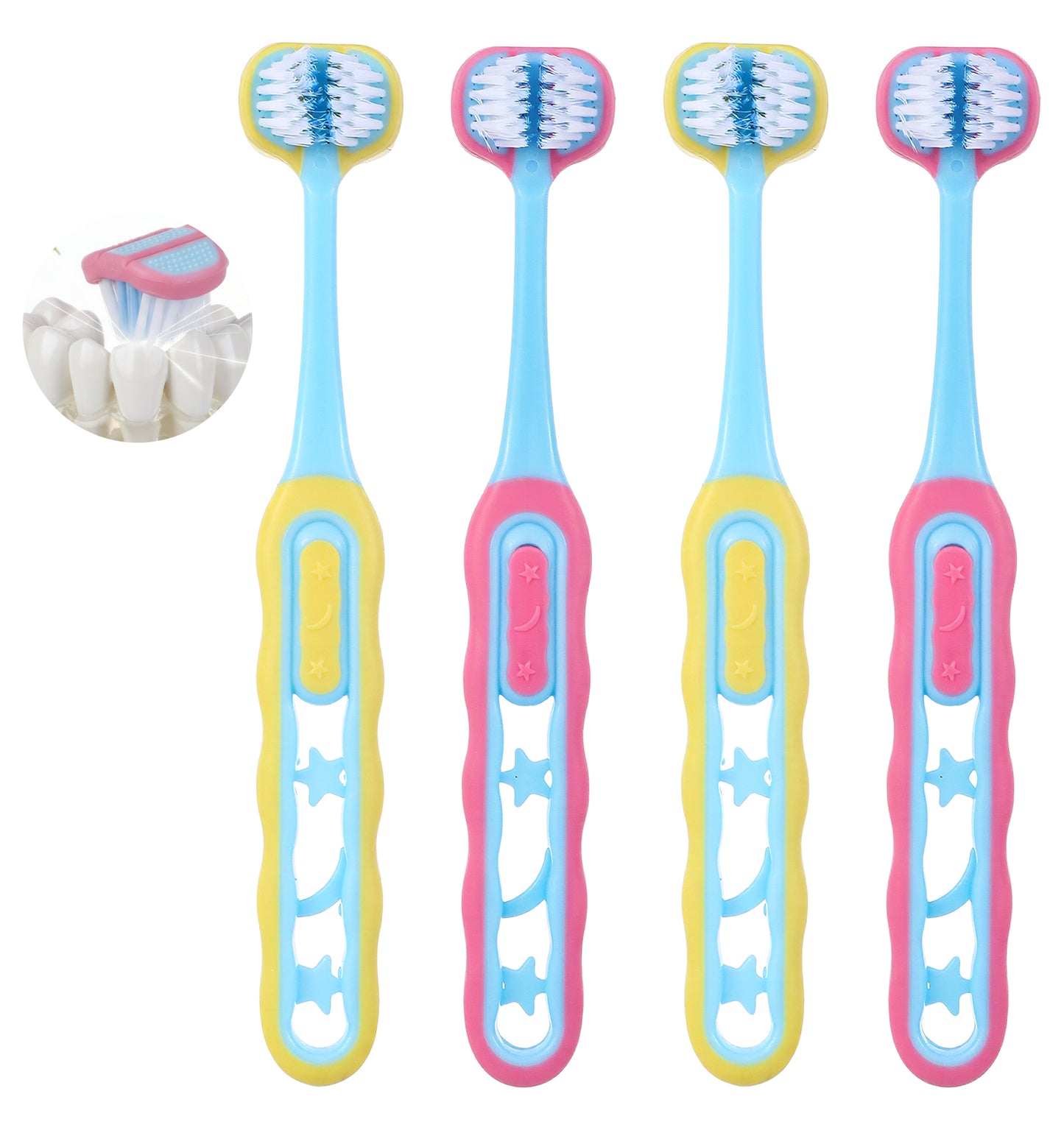 4 Pack 3 Sided Toothbrush Kids, Soft Bristles Sensory Toothbrush Autism Kids, Triple-Sided Design for Ages 1-12, Easy Grip Handle & Complete Gum Care