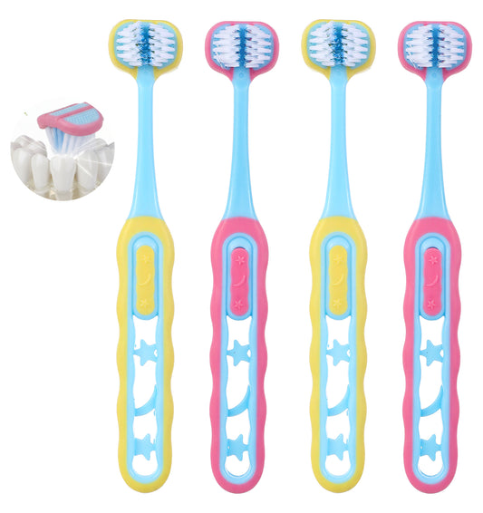 4 Pack 3 Sided Toothbrush Kids, Soft Bristles Sensory Toothbrush Autism Kids, Triple-Sided Design for Ages 1-12, Easy Grip Handle & Complete Gum Care