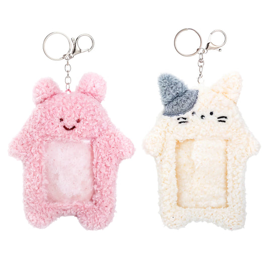 Oruola 2Pcs Photocard Holder Keychain,Kawaii Photocard Holders,Cute Plush Protective Sleeve for Credit,Bank Card Bus Card Student Card ID Badge,Plush Cartoon Rabbit Photocards Keychain(White & Pink