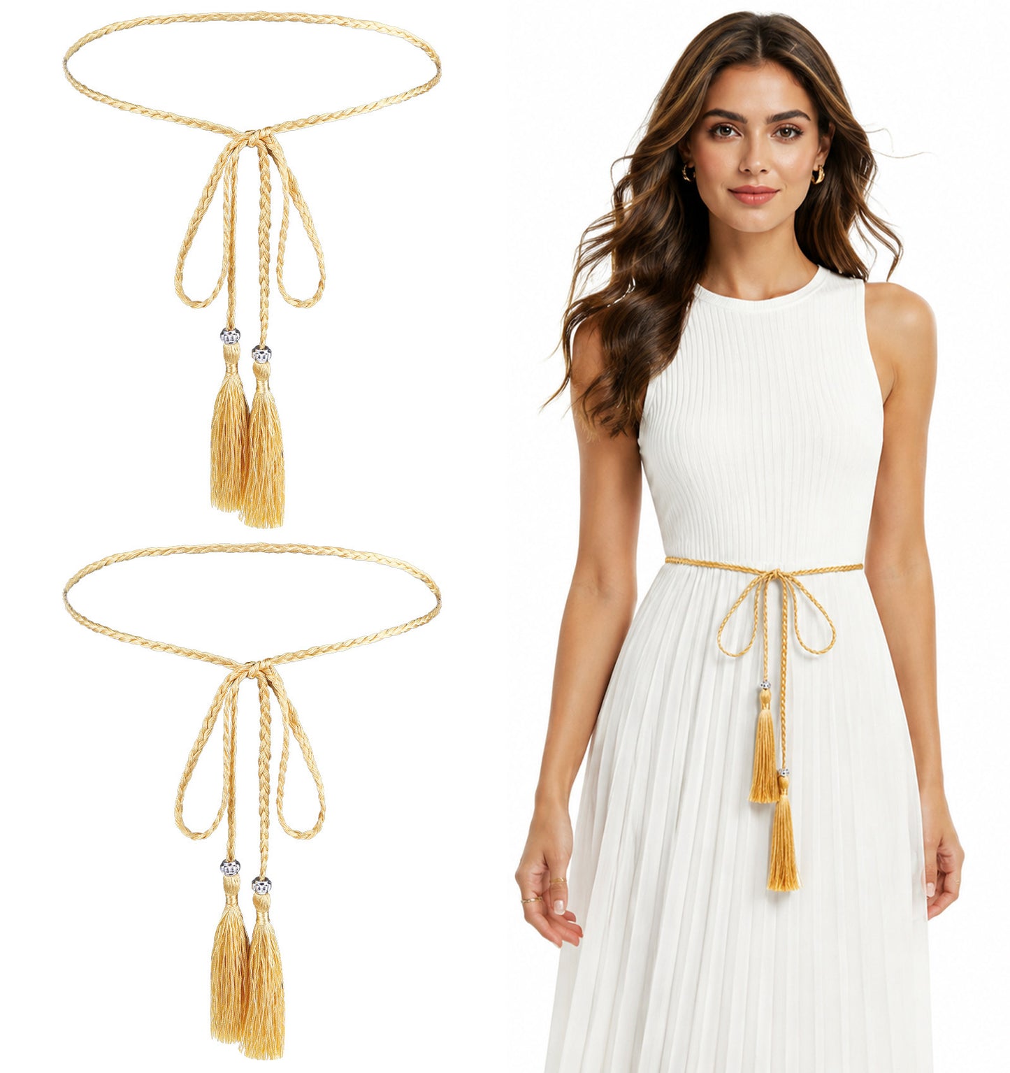 ValueBargain 2 PCS Gold Rope Belt for Women, Tassel Braided Waist Belt for Toga Costume, Dresses and Skirts, for Beach Vacations and Everyday Wear