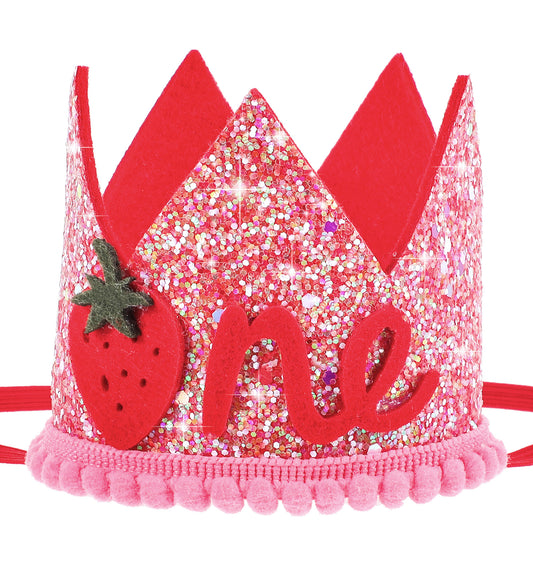 ValueBargain Berry 1st Birthday Decorations for Girls, Sparkling Strawberry 1st Birthday Crown with Pink Sequins for Baby Girl, Headband & Photo Props