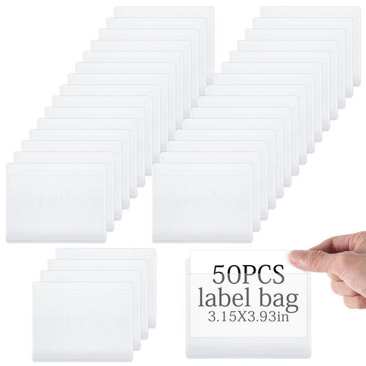 Classicseali 50PCS Clear Adhesive Pockets, 3x4 Inch Matte Drawer Labels, Transparent Waterproof Glue Labels for Storage Boxes, for Supermarket, Bookshelf, Library Shelves, Storage, Business, Kitchen