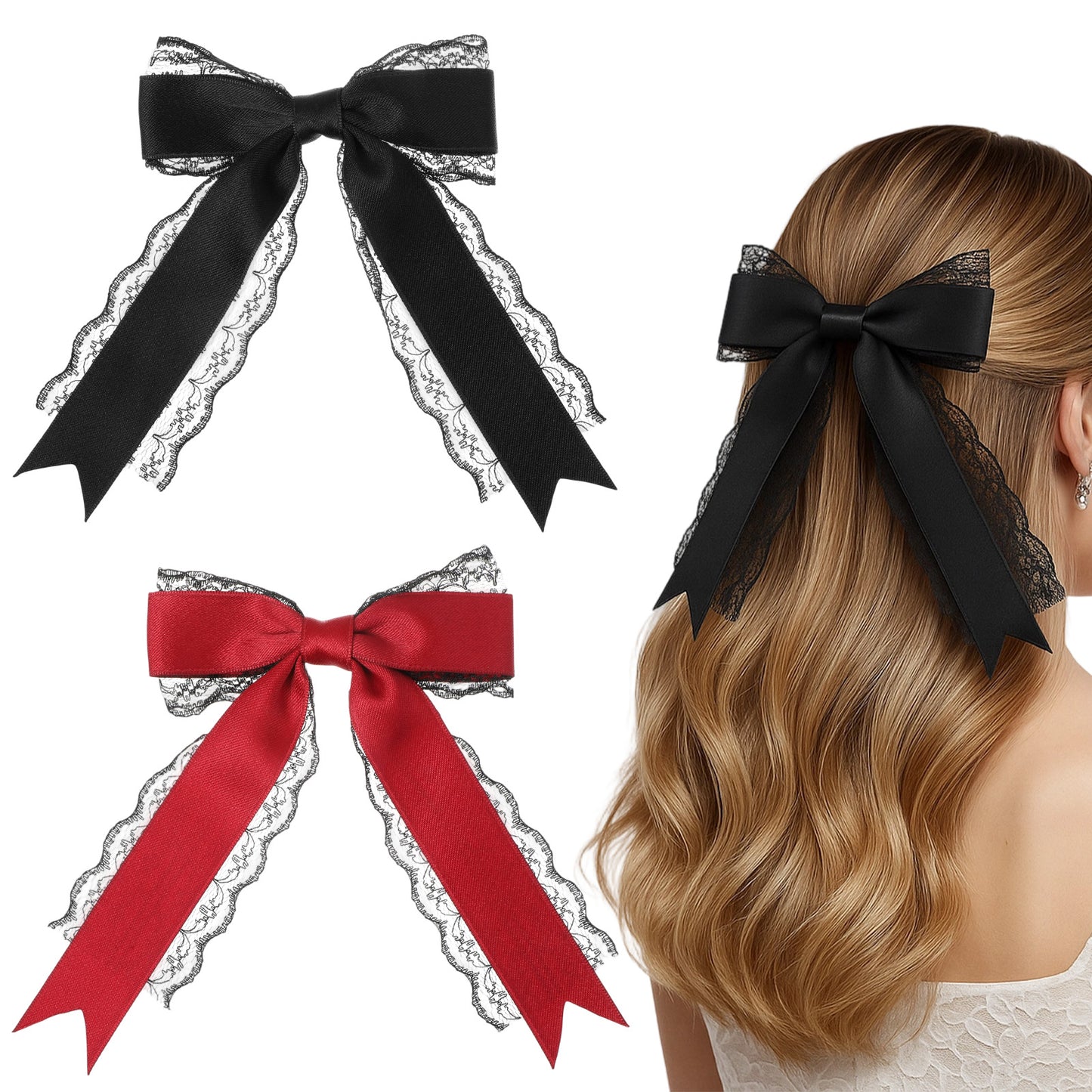 Classicseali 2pcs Lace Bows, Gothic Hair Accessories, Cute Lace Red and Black Bows for Hair, Ribbon Hair Clip for Wedding Halloween Gothic Dress Decor Accessories Gift