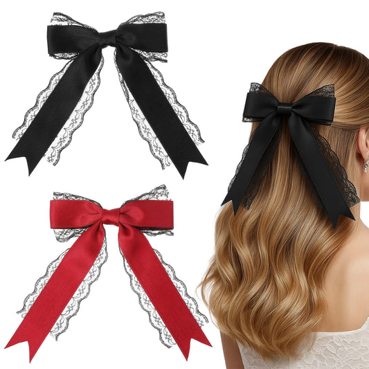 Classicseali 2pcs Lace Bows, Gothic Hair Accessories, Cute Lace Red and Black Bows for Hair, Ribbon Hair Clip for Wedding Halloween Gothic Dress Decor Accessories Gift