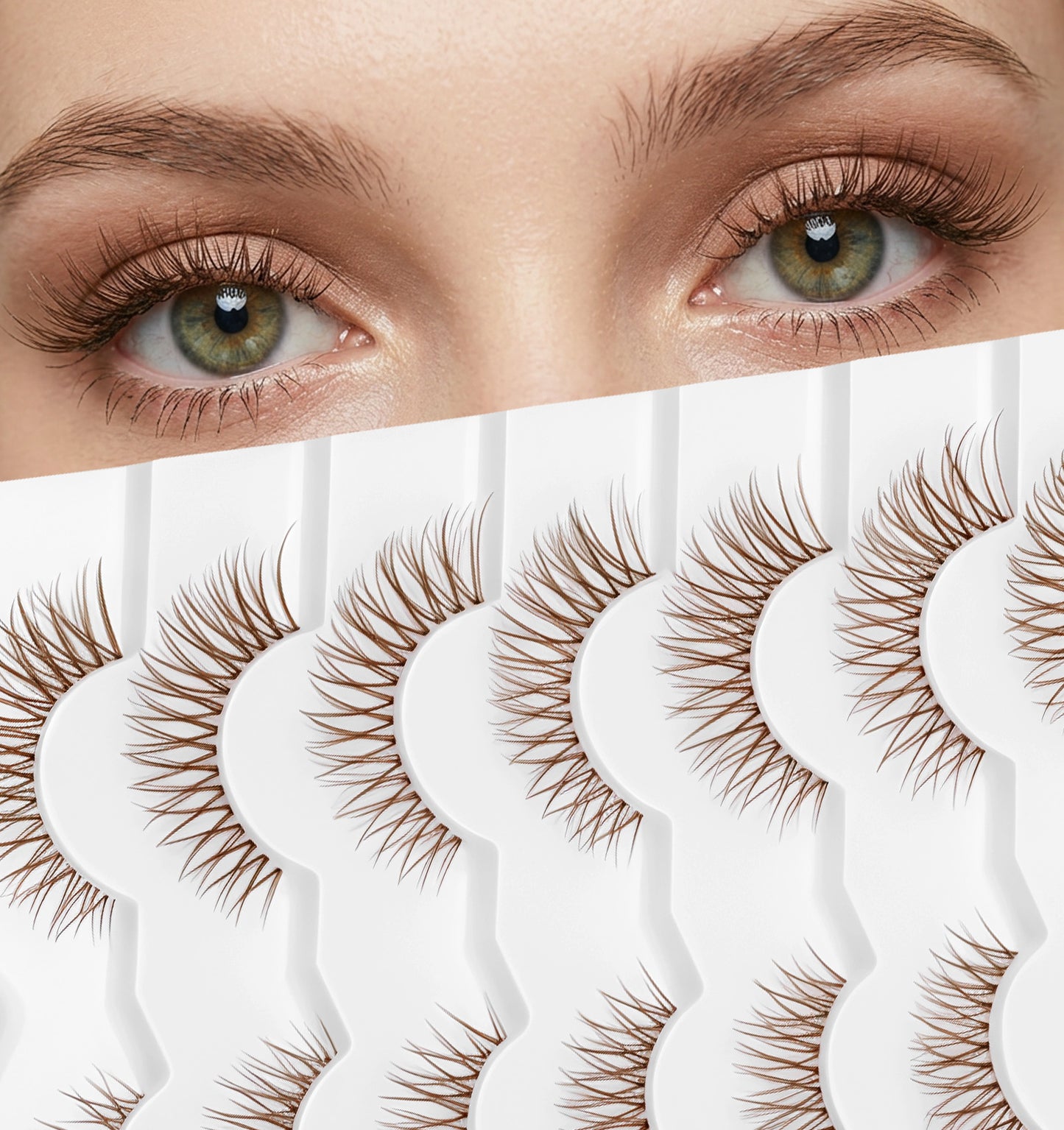 7 Pairs Brown Eyelashes, Brown Lash Clusters Natural Look Cat Eye with Clear Band, Wispy Volume C-Curly Short Faux Mink