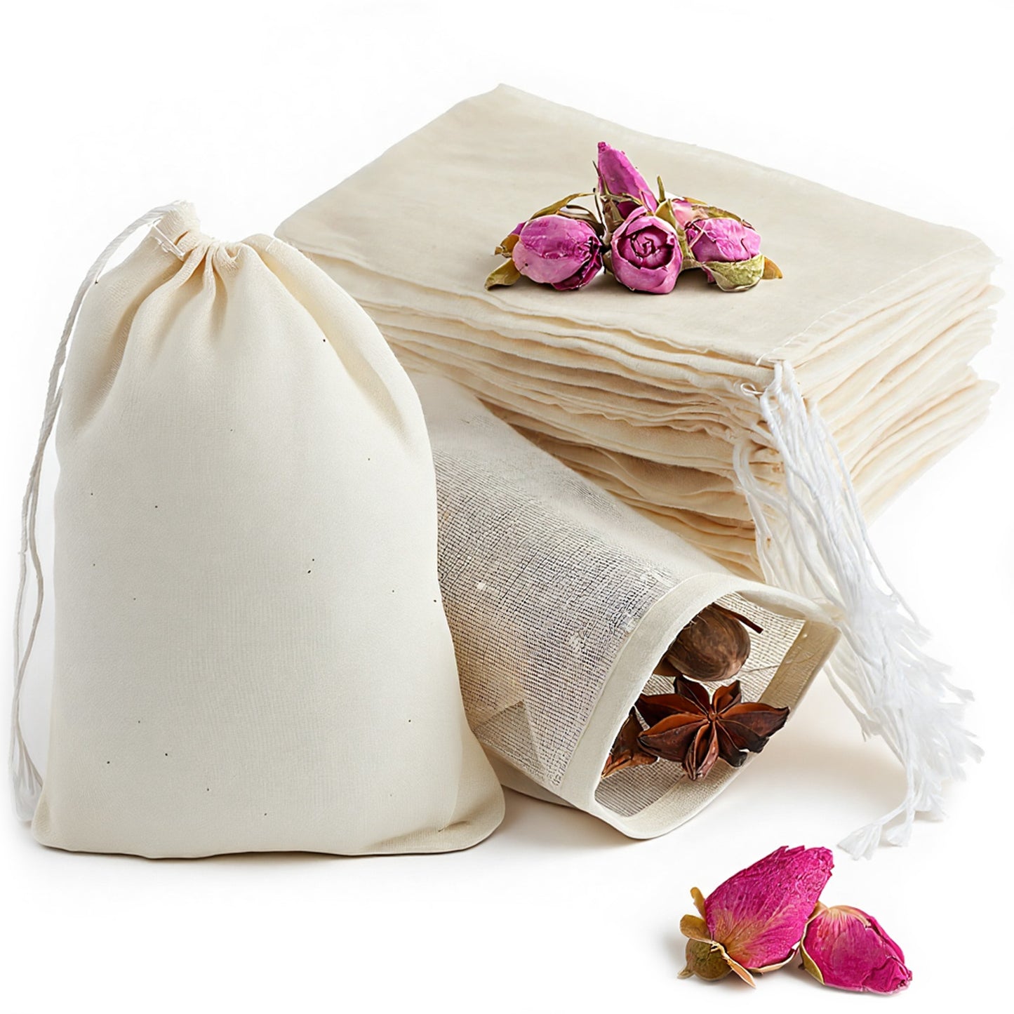 Guduling 30 Pcs Reusable Tea Bags,Spice Bags for Cooking,6 X 4 in Spice Bag with Drawstring, Muslin Bag for Cooking for Straining, Soup/Herb/Loose Leaf Tea