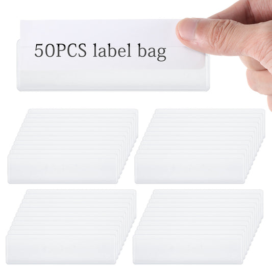 Classicseali 50pcs Labels for Storage Boxes, 3 X 11cm Adhesive Shelf Tags, Clear Plastic Label Holders, Removable Adhesive Pockets for Shelf Mailbox Binders Drawers Cabinets