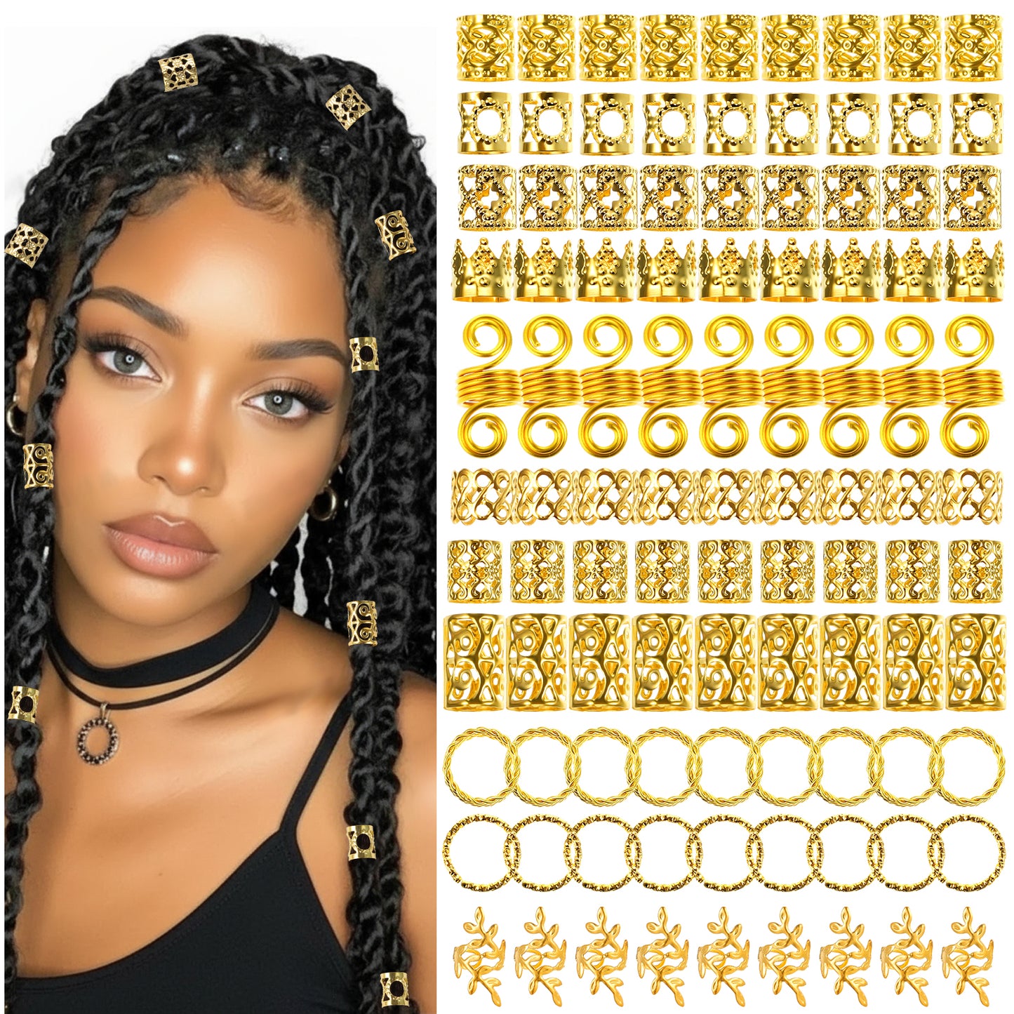 Guduling 220pcs Hair Jewellery for Braids, Gold Hair Rings, Braid Accessories, Beads Cuffs Charms Rings for Girl Women & Men DIY Braids Decoration (11 Styles)