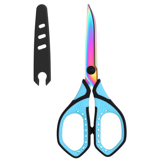 Scissors with Case, 1 Pair of Stainless Steel Titanium Coated Multi-Purpose Scissors, Fabric Sewing Office Craft Soft Grip Pointed Shears Cutter for Home School Supplies (Blue & Rainbow)