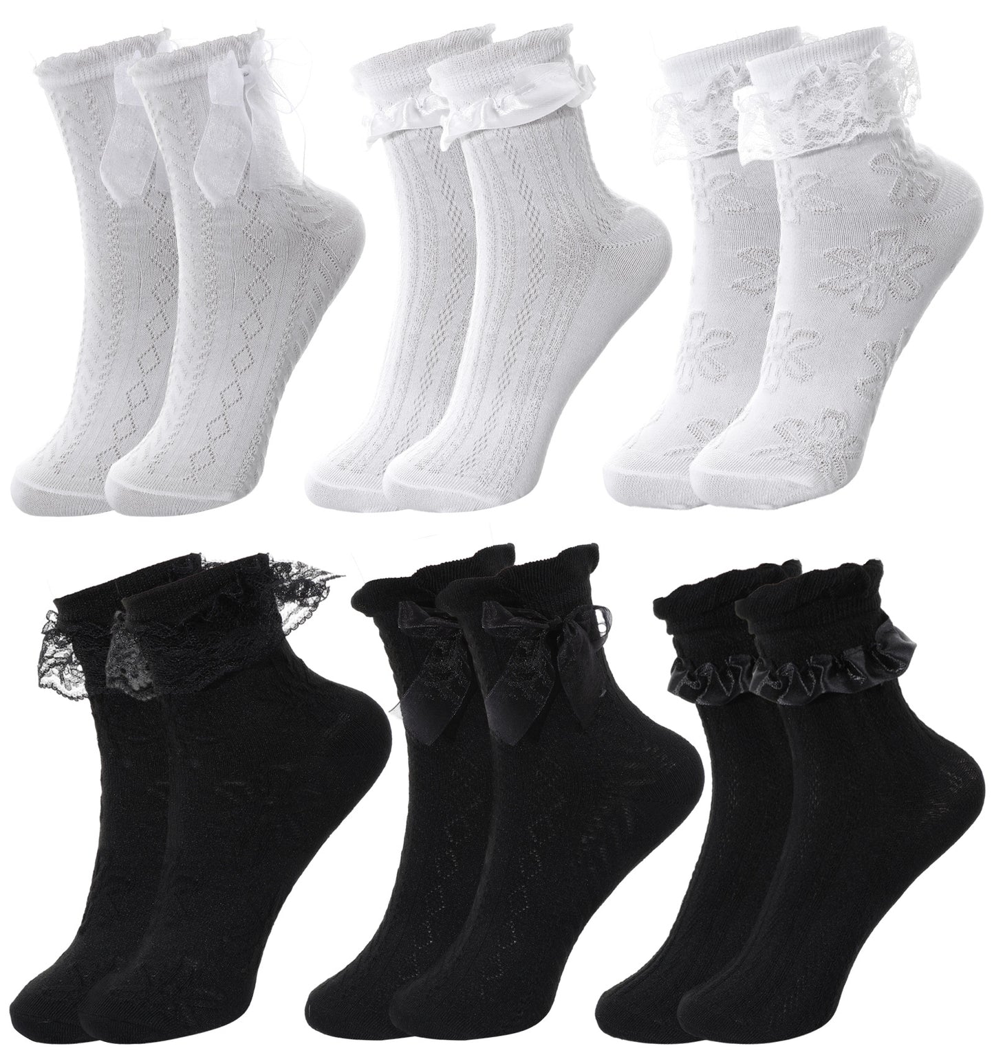 FRCTLNKG 6 Pairs Frilly Socks Women, Cotton White & Black Frilly Socks with Lace Ruffle Trim for Girls (Ankle Length)