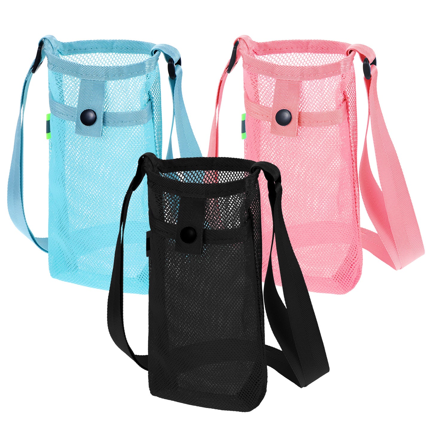 Classicseali 3pcs Water Bottle Holder with Strap, Mesh Bottle Holder Strap,Adjustable Lightweight Water Bottles Shoulder Straps with Shoulder Straps and Pocket for Hiking, Walking, 3 Colors