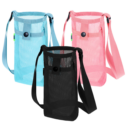 Classicseali 3pcs Water Bottle Holder with Strap, Mesh Bottle Holder Strap,Adjustable Lightweight Water Bottles Shoulder Straps with Shoulder Straps and Pocket for Hiking, Walking, 3 Colors