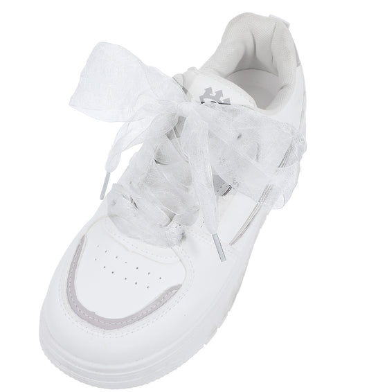 ValueBargain 4 Pairs Ribbon Shoelaces, Lace Shoe Laces for Women, 4 cm Wide Soft Snow Yarn, Satin, All-Match Flat Sheer Laces