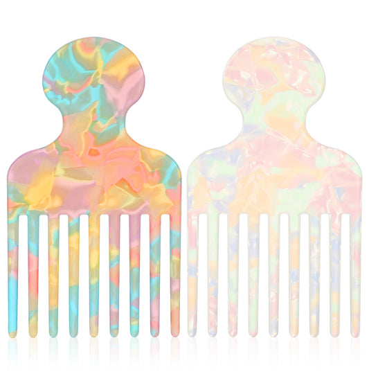 Afro Comb for Curly Hair, 2 Pcs Wide Hair Pick Comb Afro Styling Tool for Curls Detangling Lift, Unisex Portable Grip Textured Scalp Massage Brush