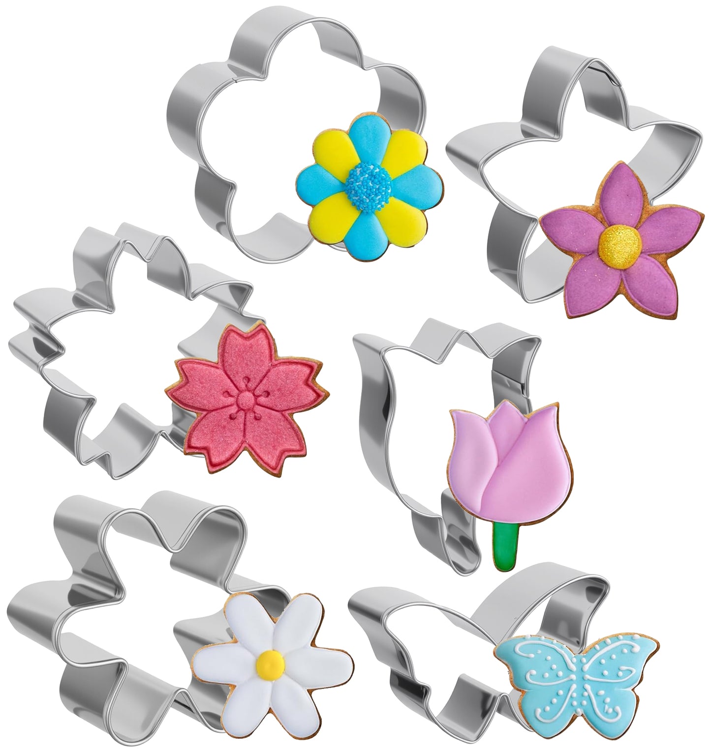 Flower Cookie Cutters, 6 Pcs Stainless Steel Flower Cookie Cutters, 3 Inch Daisy Tulip Butterfly Shapes, Ideal Baking Tool for Homemade Cookies & Fondant
