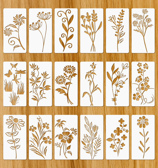 18PC Flower Stencils for Painting, Reusable Washable Plants Stencils Botanical Templates for Wood Walls Furniture, Multi-Surface DIY Home Decor Art Projects