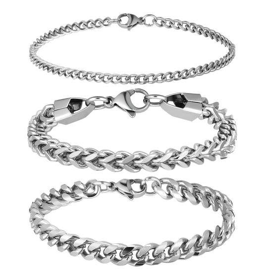 ValueBargain 3 Pcs Mens Chain Bracelet, Mens Bracelets Silver, Adjustable Cuban Chain Bracelet for Boyfriend, Dad & Son, Waterproof & Durable