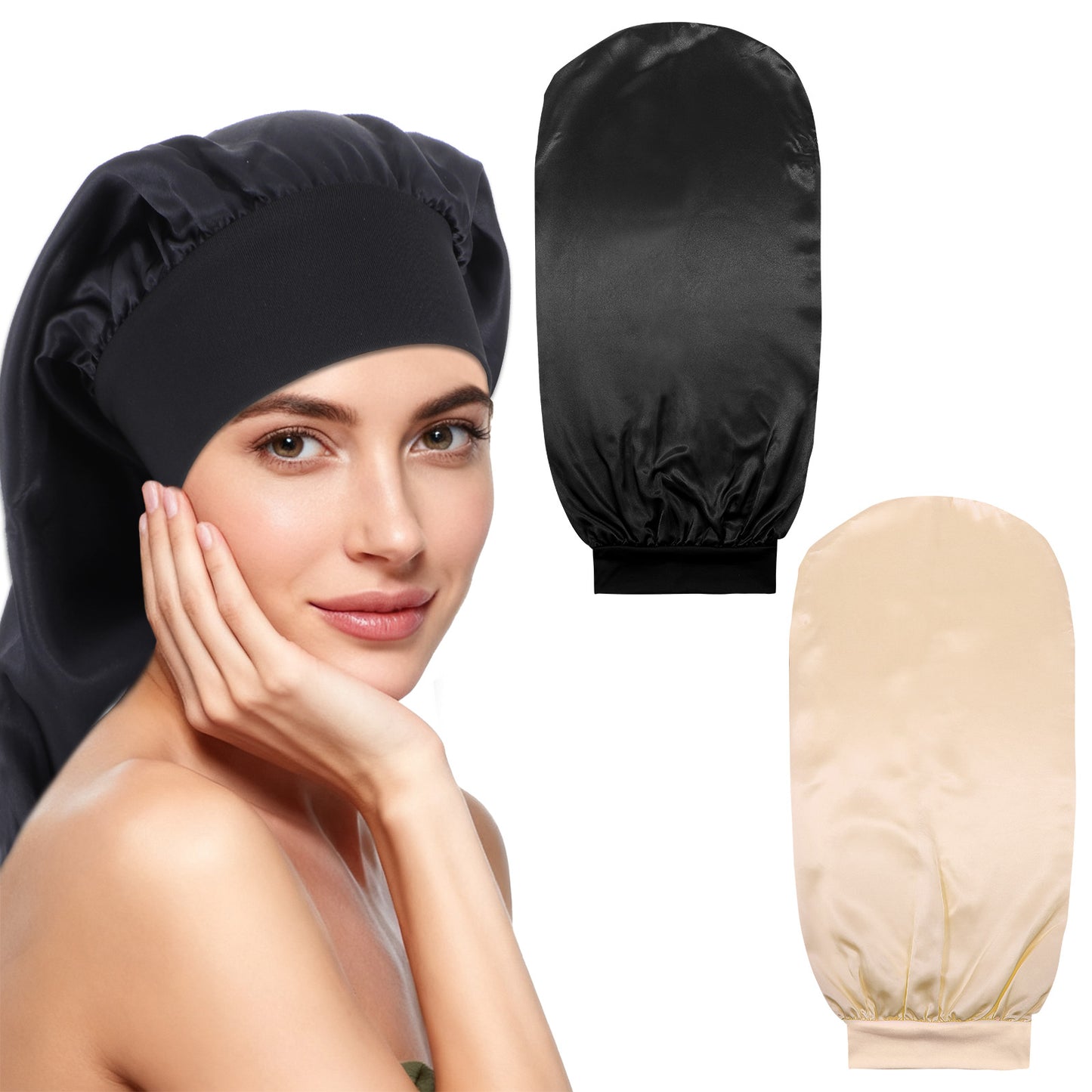 Guduling 2pcs long bonnet, hair cover for sleeping, Soft Silk hair bonnets for women, Large silk sleep bonnet for Curly Straight Long Hair (black, gold)