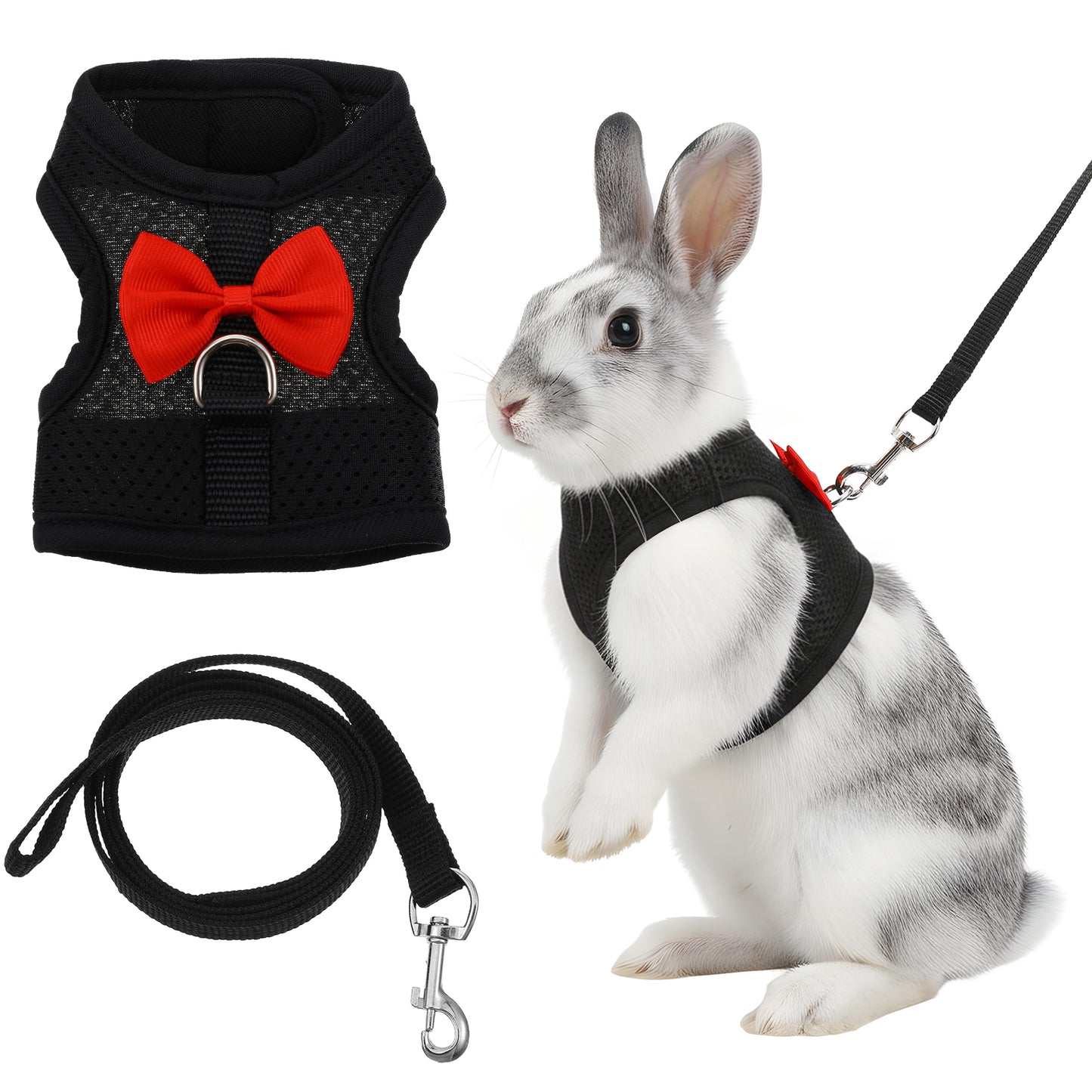 Elegaperma Rabbit Harness Leash, Easily Adjustable Bunny Leash and Harness set for Small Animals, Rabbit Harnes and Leashes for Proof Safely Walking Cute Bow Vest and Leashes, Black, Small