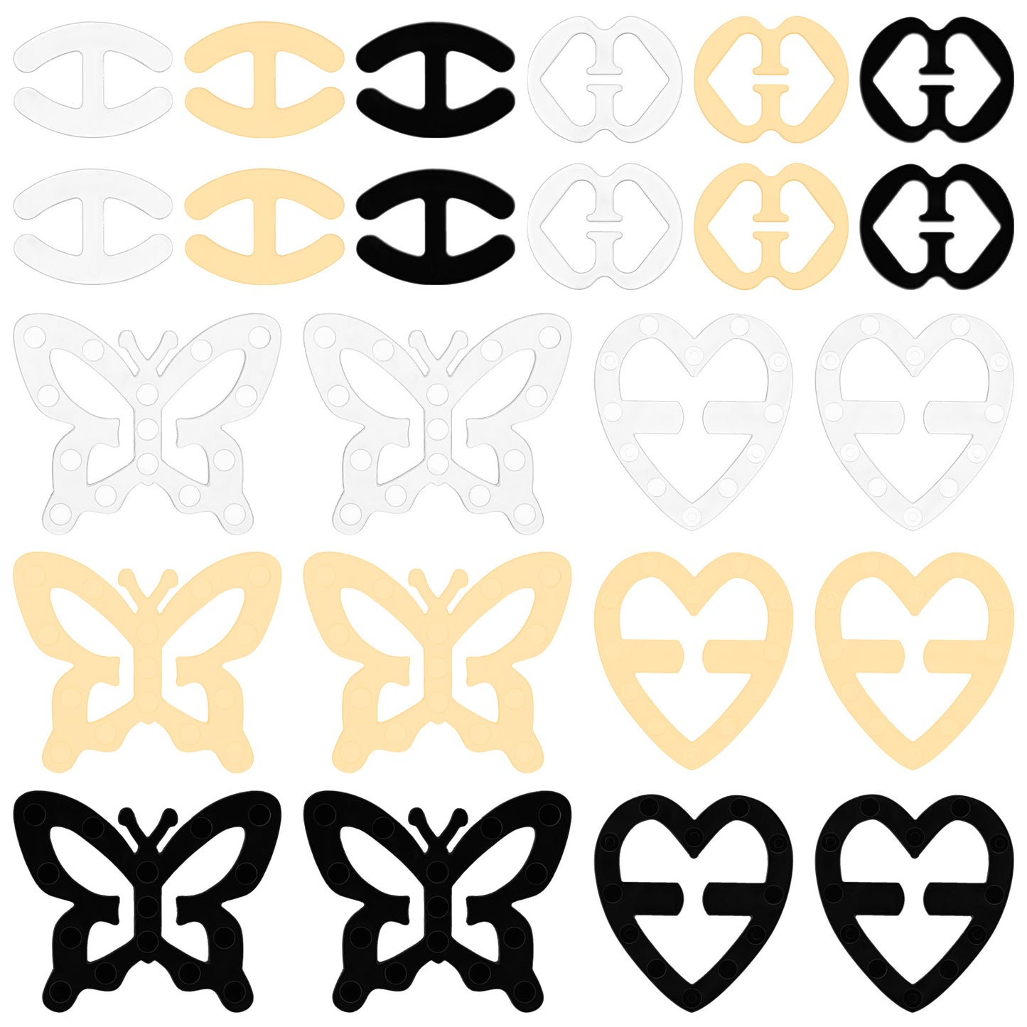 Classicseali 24Pcs Bra Strap Clips,4 Different Shapes Racer Back Bra Clip, Anti-Slip Conceal Straps, Bra Hooks for Racerback, Buckles Cleavage Control Clips for Bra(3 Color)