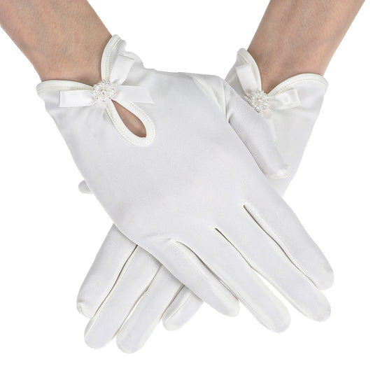 oruola White Satin Gloves, Short Satin Gloves for Women, Elegant Bow Pearl Flower Dress Glove for Women, White Glove for Woman Formal Suitable for Bride Wedding Party, Opera Dinner