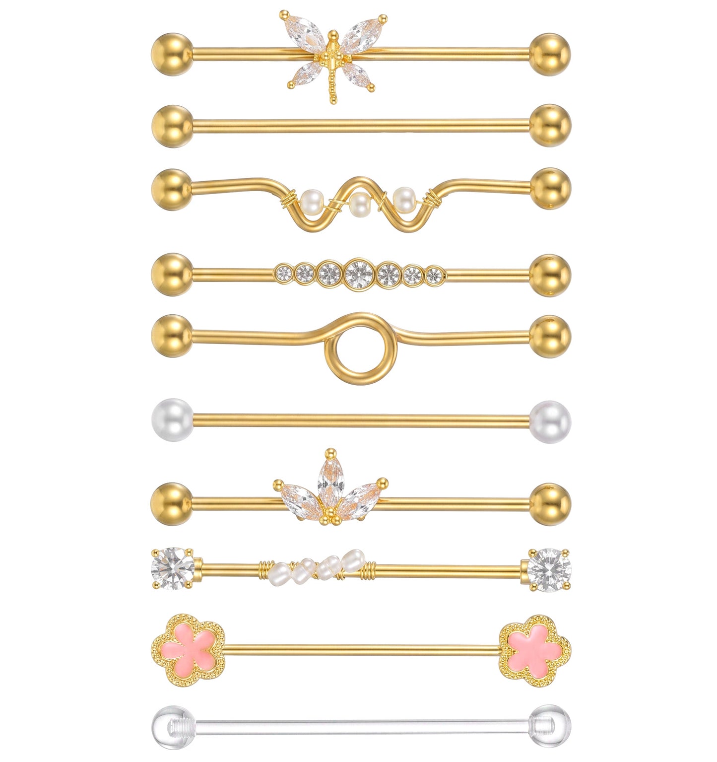 ValueBargain 10 Pcs Gold Industrial Piercing Jewellery, Stainless Steel Scaffold Piercing Jewellery for Cartilage Helix Piercings (1.8 Inch/4.6 cm)