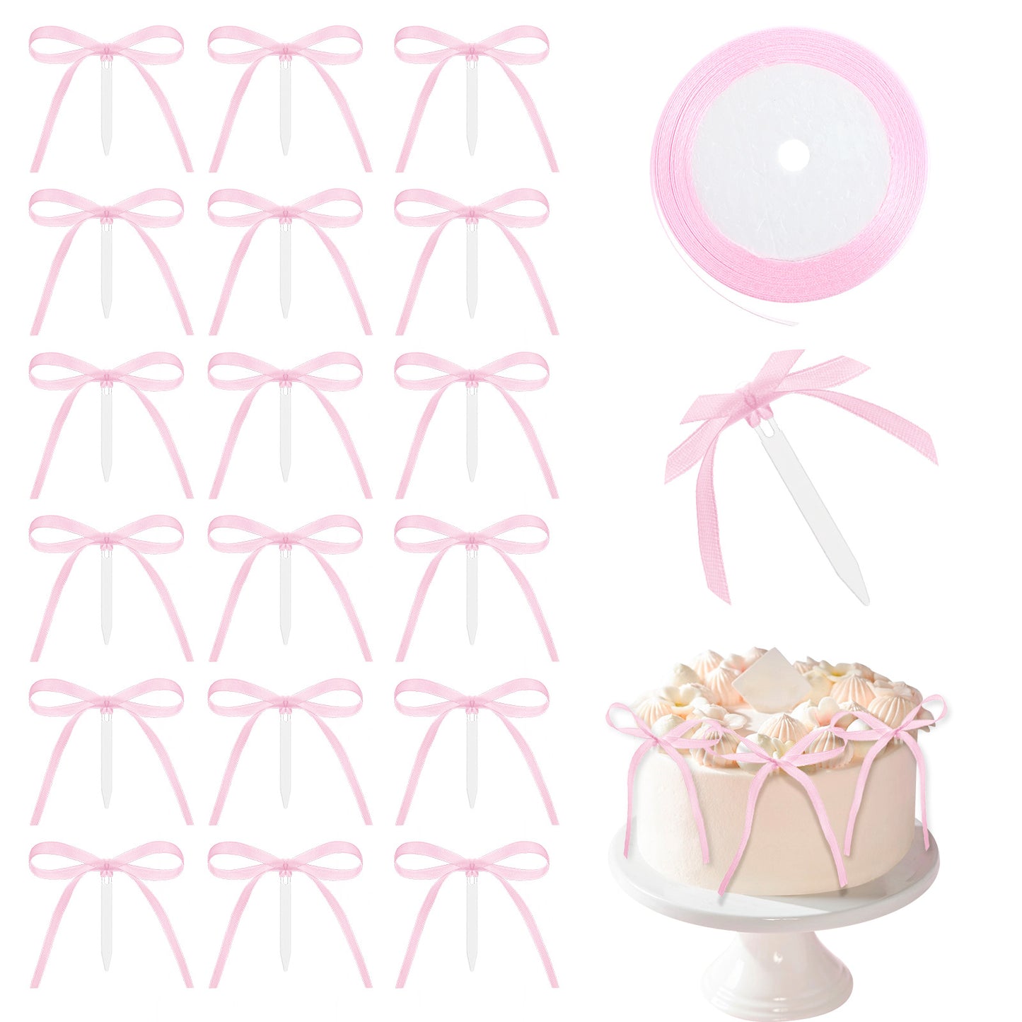 Classicseali Bows for Cake, 24 In Ribbon Bow Cake Toppers, with 12 Inserts, Bows Cakes Decorations, for Wedding, Anniversary, Bridal, Baby Shower, Bachelorette Party Supplies