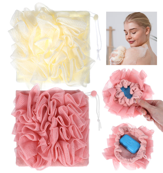 Washcloth Loofah Combo, 2Pcs 2-in-1 Loofah Washcloth with Soap Pocket, Gentle Exfoliating Bath Cloth for Smooth Skin, Machine Washable, Suitable for Shower, Drawstring Design